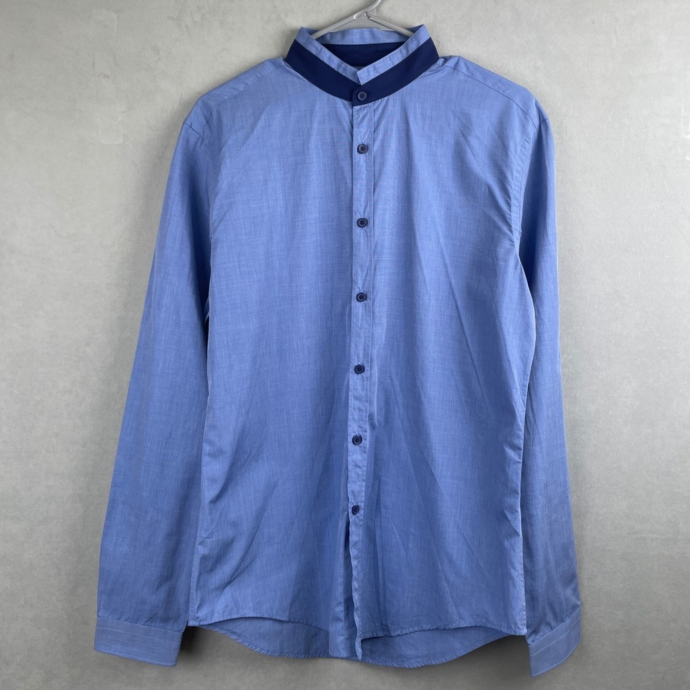 Zara Man Black Tag Blue Band Collar Slim Fit Chic‎ Cotton Button Up Shirt Mens M